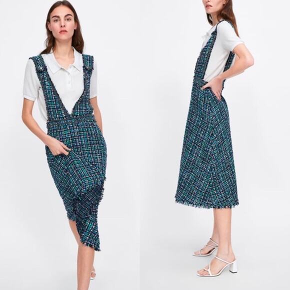 Zara NWOT Green Multi Tweed Classy Trending Overall A-Line Midi Dress Small - Picture 1 of 10